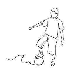 A kid playing football one continuous line drawing vector illustration isolated on white background. Minimalist design concept. Continuous line drawing. Illustration shows a football player.