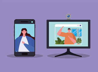 Woman and man avatar on smartphone and computer in video chat design, Call online conference and webcam theme Vector illustration