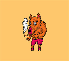 Pig smoking a cigarette. Funny animal. Cartoon vector illustration.