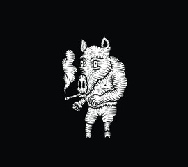 Pig smoking a cigarette. Funny animal. Cartoon vector illustration.