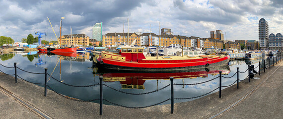Panoramic view of the old harbor dock in Southwark Rotherhithe area in London