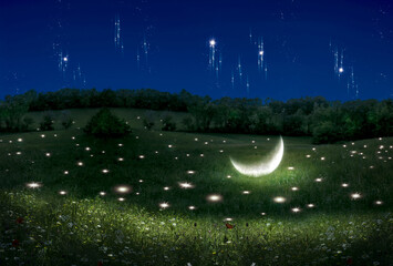 Fantasy scene of a landscape with stars and moon lying on the field.