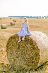 Naklejka na ściany i meble Full length portrait of cute pretty little baby girl in striped dress sitting on hay stack or bale on yellow wheat field background on sunny summer day. Baby at hay bales during summer harvest time