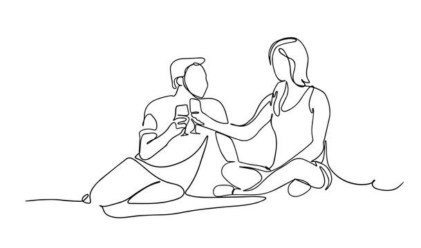 Happy family picnic one line continuous drawing. Vector couple with food, snacks and meals. People relaxation and refreshing sit on the garden. Vector.