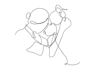 Continuous line drawing of a happy pet with a dog. A young woman squatting, hugs and kisses her dog. Funny girl hugs her pet. Vector illustration.