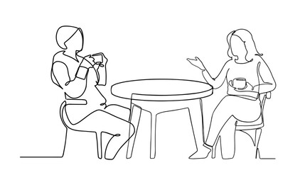 Continuous line drawing of a women dining in a restaurant. Two beatiful women chatting and drinking coffee at a restourant. Two lady having a conversation one line drawing.