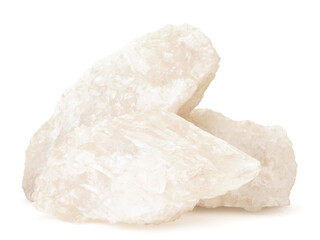 Pieces of crystalline rock salt on a white background. Isolated