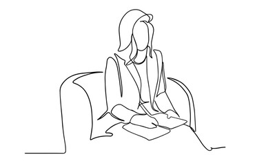 Continuous line woman writing with pen. Woman education. Bussineswoman writing in a diary sitting in a armchair. Woman taking notes line vector.