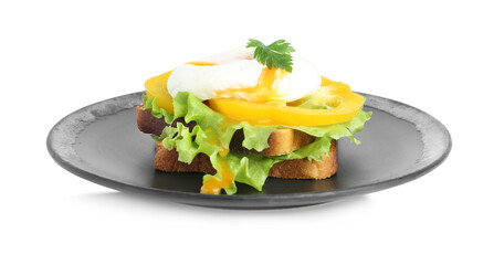 Delicious poached egg sandwich isolated on white
