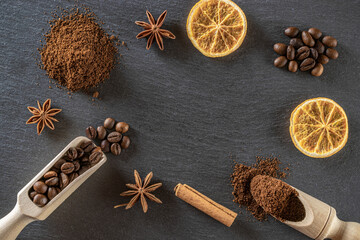 Food, drink caffeine background. Dark coffee beans for cup of black espresso breakfast in cafe. Morning energy concept and cheerfulness or evening refreshment. Copy space, top view