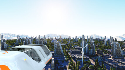 futuristic passenger bus flying over the city, town. Transport of the future. 3d rendering.