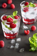 Raspberry and basil infused water, lemonade, coctail. Summer iced cold drink with raspberry and basil. Selective focus