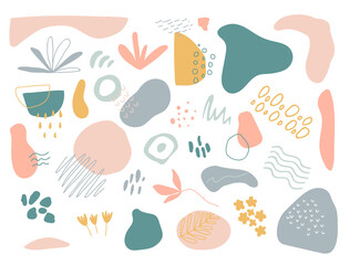 Organic shapes set on white background. Hand draw abstract design elements in pastel colors. Minimal stylish cover template. Art form for social media stories, branding, banner. Vector illustration