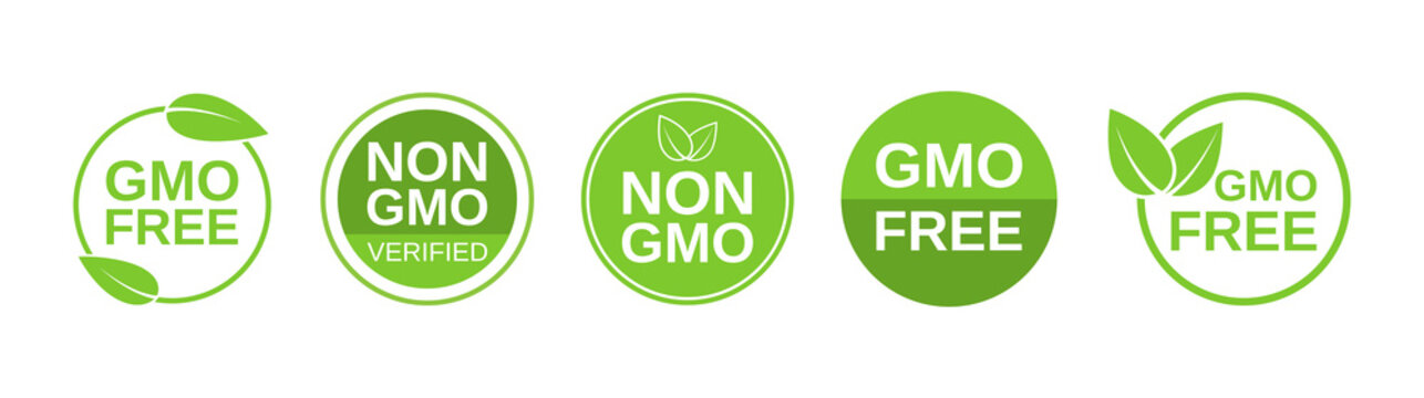 GMO free icons. Non GMO label set. Healthy organic food concept. No GMO design elements for tags, product packag, food symbol, emblems, stickers. Vegan, bio. Vector illustration