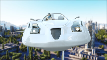 futuristic car flying over the city, town. Transport of the future. Aerial view. 3d rendering.