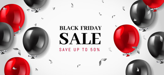 Black Friday Sale Poster or Web Banner. Glossy Black and Red Balloons on White Background. Vector illustration