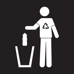 Icon of of a person throwing a plastic bottle in a trash can. Recycling concept