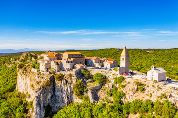 Fototapeta premium Beautiful small town Lubenice on Cres island, aerial view. Cres, Croatia