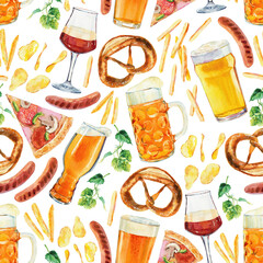 Seamless pattern watercolor Octoberfest beer collection. Classical Octoberfest beer mug with draft beer and snacks - pretzel, sausages, french fries.Pattern for Bar Menu, place mats, wrapping paper