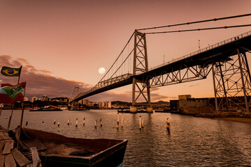 new bridge Hercilio Luz Florianopolis Santa Catarina Brazil, image made from the continent, showing the sunset