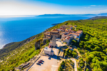 Beautiful small town Lubenice on Cres island, aerial view. Cres, Croatia