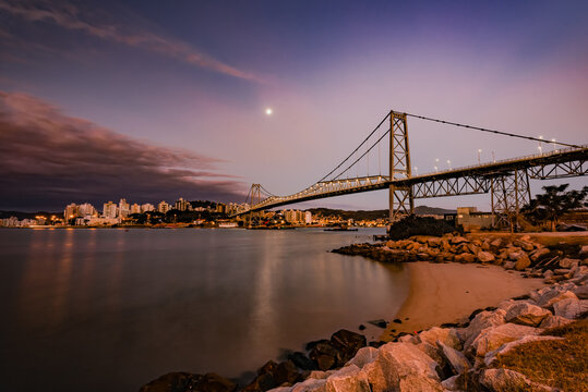 new bridge Hercilio Luz Florianopolis Santa Catarina Brazil, image made from the continent, showing the sunset
