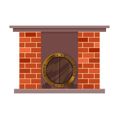 Vector home fireplace. Vintage design of stone oven with metal decorative elements. Flat icon design. Illustration isolated on white background