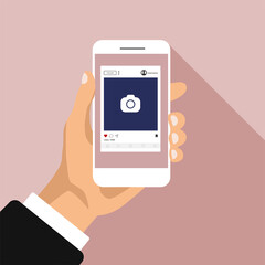 Vector social networks on a smartphone display. Interface template for mobile app. Hand holds phone and click on a button. Flat design photo frame illustration.	
