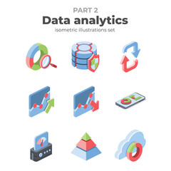 Data analytics part two. Vector 3d isometric, color web icon, new flat style. Creative illustration design, isolated graphic idea for infographics.