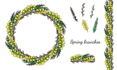 Spring branches. Willow, mimosa, green and brown branches. Set of isolated elements from a white background. Wreath. Seamless pattern brush. Easter holiday decor set. Vector stock illustration.