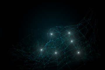 Plexus lines, dots and light beams with light points. Abstract technology, science and engineering background. Depth of field settings. 3D rendering