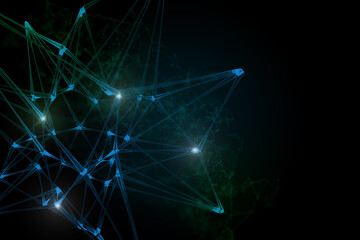 Plexus lines, dots and light beams with light points. Abstract technology, science and engineering background. Depth of field settings. 3D rendering