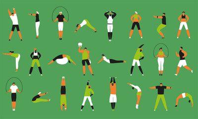 Big sport set. People lead a healthy lifestyle and are engaged in fitness and sports. Pattern. Vector illustration in a flat style.