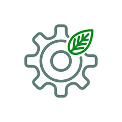 Icono plano lineal engranaje con hoja de planta en verde y gris