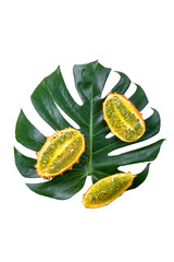 Monstera leafe and kiwano kiwan kivano melon fruits isolated on green background.