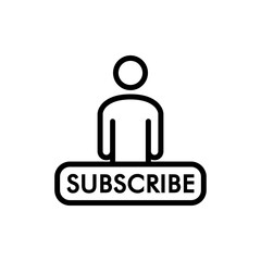 Concepto tecnologías digitales. Icono plano lineal palabra SUBSCRIBE con hombre en color negro