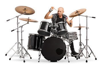 Bald man punkrocker playing a drums