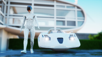 Fototapeta na wymiar House of future. Futuristic flying car with walking woman. 3d rendering.
