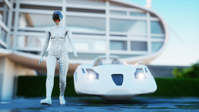 House Of Future. Futuristic Flying Car With Walking Woman. 3d Rendering.