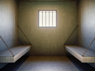 View of the prison cell with sun shining through the window, 3d Render, 3d Illustration