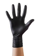 Hand in black gloves showing five fingers and palm isolated on white background