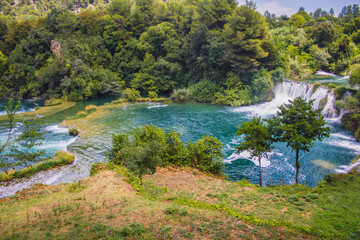 Obraz premium Krka National Park. Waterfall and wild landscape at famous tourist attraction in Croatia
