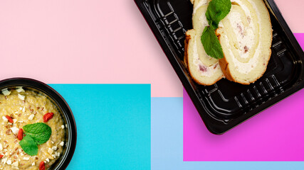Mockup. Healthy tasty food in plastic containers on colored backgrounds