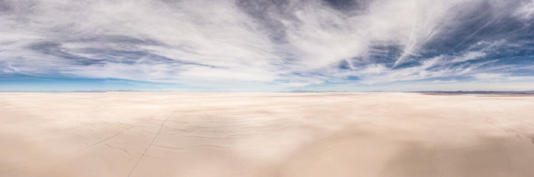 Aerial 360 panoramic over Uyuni salar. South of Bolivia.