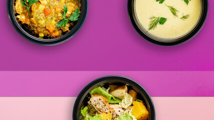 Mockup. Healthy tasty food in plastic containers on colored backgrounds