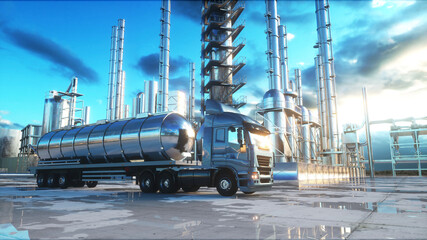 petrol truck near oil, petrol plant. 3d rendering.