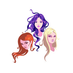Three young beautiful woman faces on white background. Elegant lady with stylish colorful hair. Set of vector female portraits with flying hairstyle.