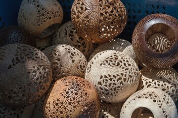Carved coconuts sold in Asia as tourist souvenirs.