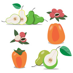 Set of isolated fruits. Pears, persimmon, lichee.