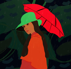 młoda kobieta ma na sobie zielony kapelusz i trzyma czerwona parasolkę - obrazy, fototapety, plakaty